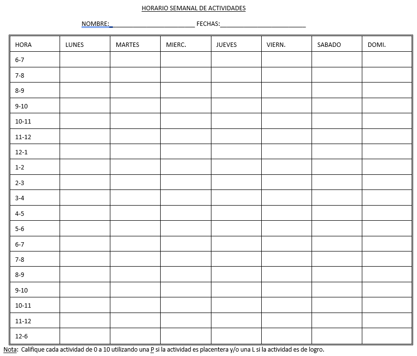 Horario Terapia de Activacion Conductual para tratar la depresión